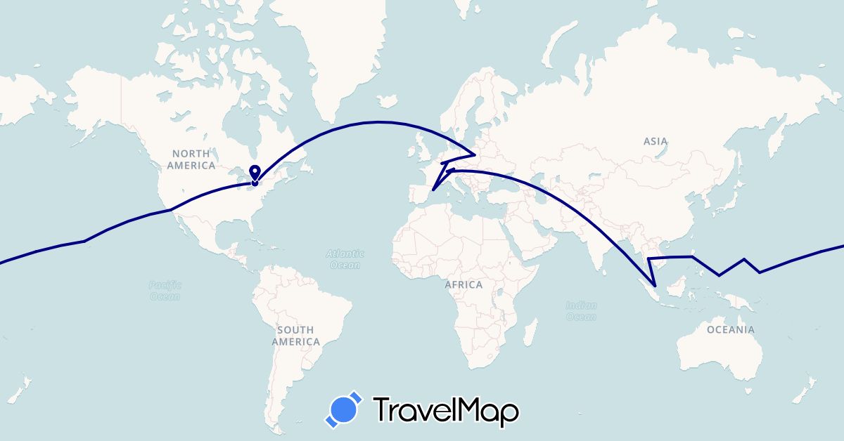 TravelMap itinerary: driving in Canada, Switzerland, Germany, Spain, Micronesia, Luxembourg, Philippines, Poland, Palau, Singapore, Thailand, United States (Asia, Europe, North America, Oceania)
